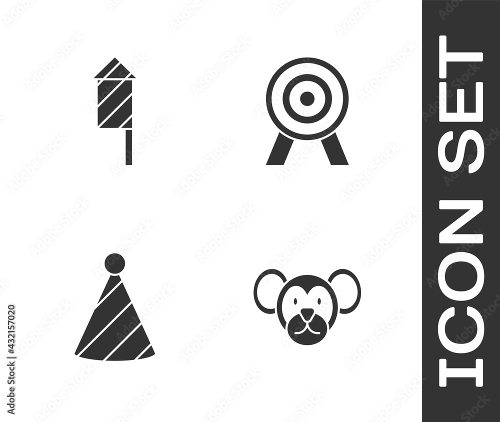 Wall mural set monkey, firework rocket, party hat and target icon. vector