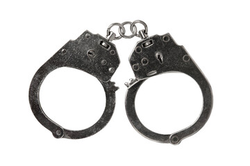 Handcuffs MOLE isolated on a white background. This model is made of high-quality steel, wear-resistant, with a blued coating