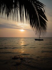 [Madagascar] beautiful sea with silhouette of Palm leaves and boat at sunset in Ifaty