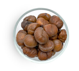 peeled roasted chestnut in glass bowl isolated on white background ,include clipping path