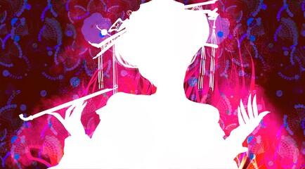 Silhouette of a prostitute of Yoshiwara brothel and Japanese patterns 