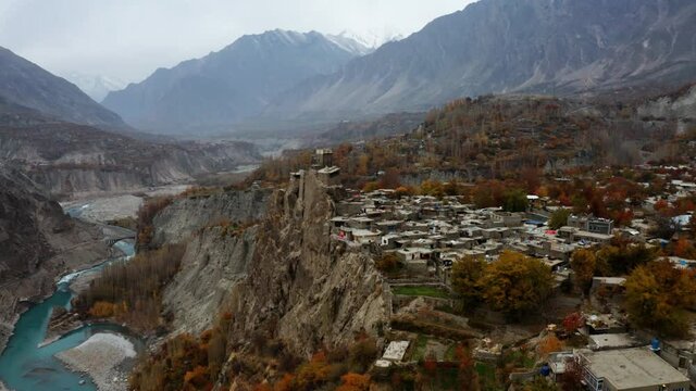 Aerial View Of Altit Fort And Hunza River In Gilgit-Baltistan, Pakistan.