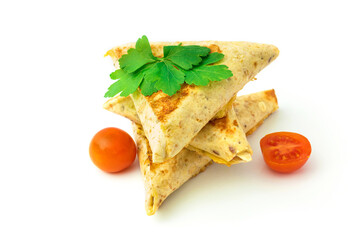 Fried triangular tortilla with cherry tomato, on white background, isolated with shadow