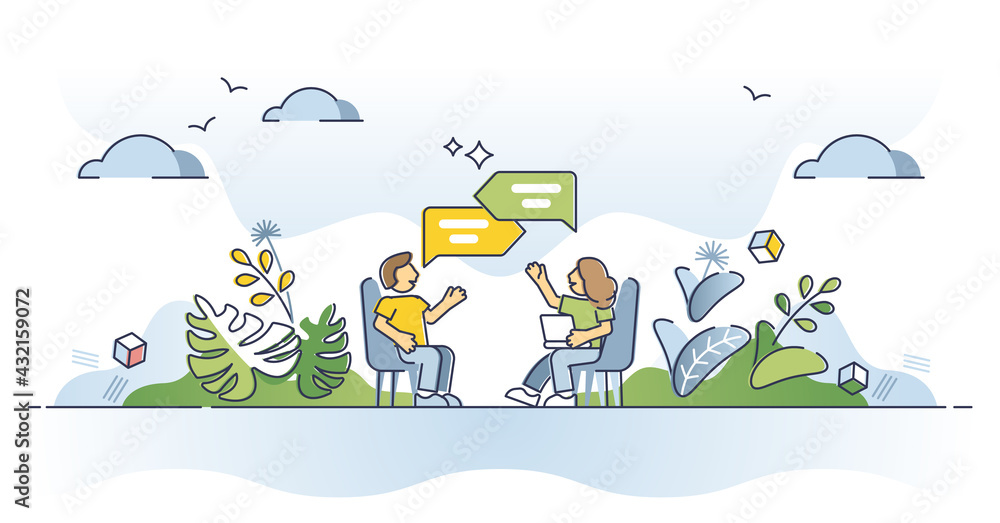 Poster discussion as talking about conversation topic and speech outline concept. dialog process and social