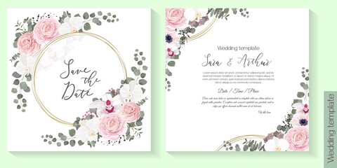 Vector floral template for wedding invitations. Pink roses, white orchids, berries, gypsophila, eucalyptus, round gold frame, green plants and flowers. Postcard for your text.