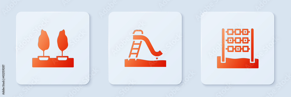 Poster set kid slide, forest and tic tac toe game. white square button. vector