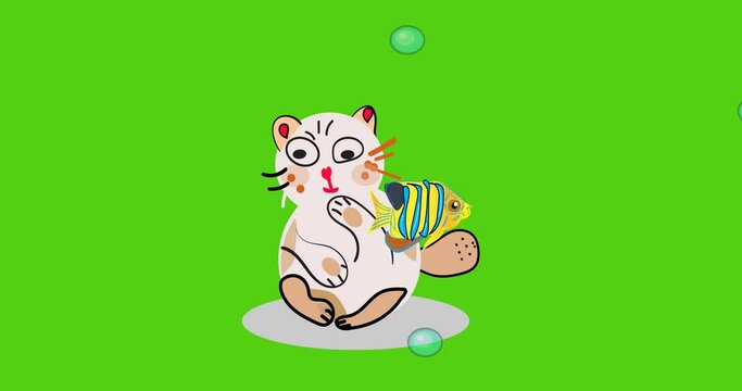 Cat animation. Hungry cat look moving fish. cartoon animation with green screen background. hand drawn