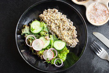 green buckwheat salad vegetables lettuce mix meal snack copy space food background rustic. top view keto or paleo diet vegan or vegetarian food