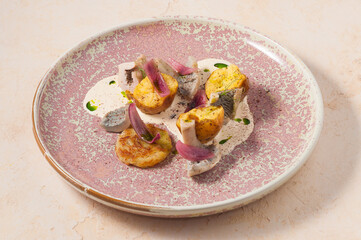 cold appetizer: potatoes with mushrooms, sour cream and onions