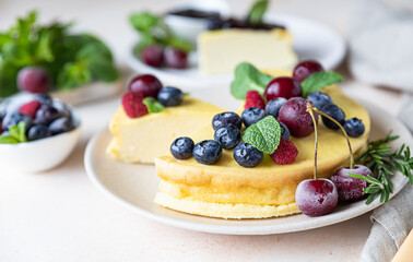 Vanilla no crust cheesecake or cottage cheese casserole decorated with mint and berries. Ricotta casserole. Healthy breakfast or dessert.