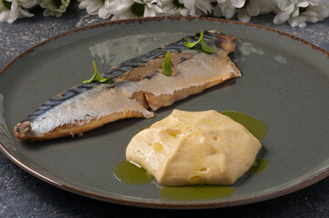 smoked mackerel with potato cream. Horizontal frame