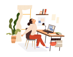 Woman doing warm-up at the workplace, vector flat illustration isolated. Girl practicing workout in the office, stretching by taking a break. Cartoon style.