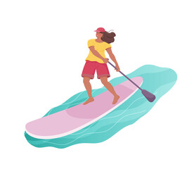 Standing cartoon woman is paddling with paddle board on the water. Sup boarding outdoor activity. Vector isolated colorful illustration in flat style.  - obrazy, fototapety, plakaty