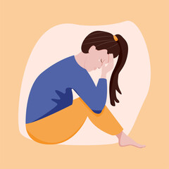 Young sad woman sitting on the floor and crying holding her head. vector flat cartoon illustration