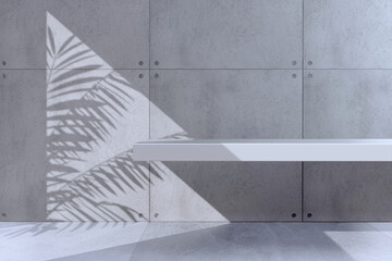 Shelf over white concrete wall background.Tropical leaves natural shadow.3d render.