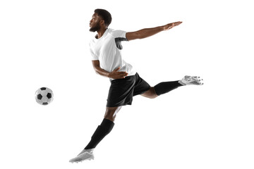Fototapeta na wymiar Young African football soccer player training isolated on white background. Concept of sport, movement, energy and dynamic.