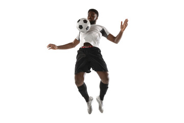 Young African football soccer player training isolated on white background. Concept of sport, movement, energy and dynamic.