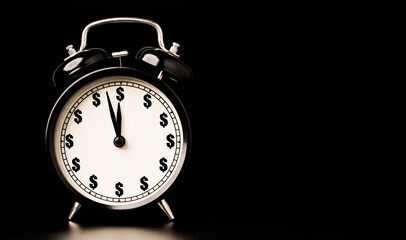 USD dollar sign print screen on alarm clock on black background and copy space , Money and time management concept.