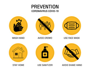 Prevention icons set isolated on white. Covid 19 pandemic banner. wash hand , avoid crowd,use face mask,stay home,use hand sanitizer,avoid shake hand.