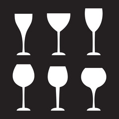 Collection of various drink glasses, icons set, white isolated on black background, vector illustration.