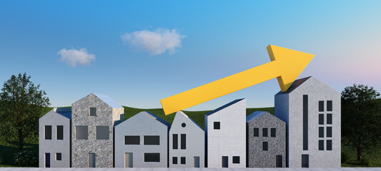Business or real estate concept. Different houses with yellow arrow on top. Property market boom. Housing. 3D rendering. © PhotoGranary