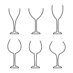 Collection of various drink glasses, line icons set, black isolated on white background, vector illustration.