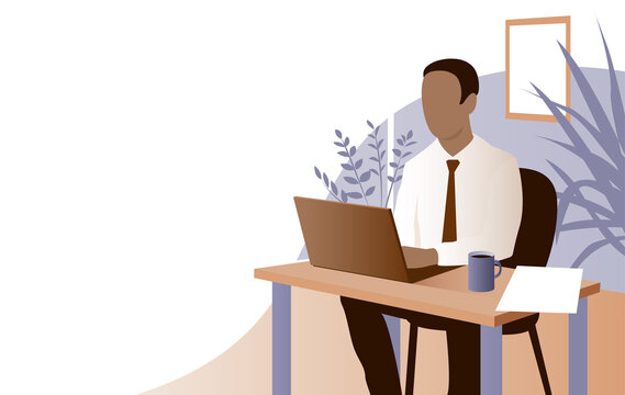 Young businessman afro american in tie works in the office. Sits at the table with a laptop. Banner with place for text. Cartoon illustration.