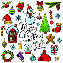 Set of colored christmas design elements in doodle style isolated on white background