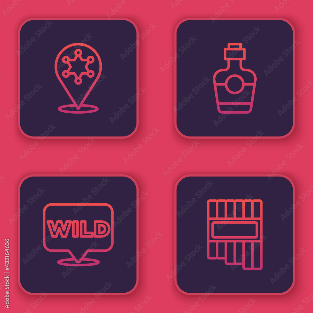 Poster set line hexagram sheriff, pointer to wild west, tequila bottle and pan flute. blue square button. v
