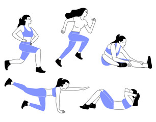 
vector image set of girls going in for sports, gymnastics, jogging