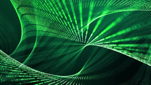4k looped abstract green background of glow particles form lines, surfaces, spiral structures as futuristic landscape in cyberspace or hologram. Sci-fi theme with DOF, lighting effects and bokeh.