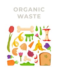 Organic waste. Vector illustration of recycling garbage for fertilizer. Compost pit. Banana skins, mold, cans, preserves, bottles.