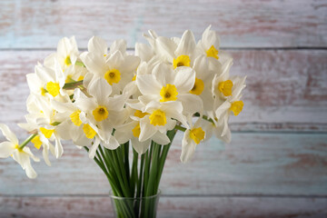 Bouquet of beautiful daffodils of different types, background. Spring flowers, terry and yellow stamens daffodils.