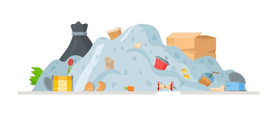 Garbage dump. Vector illustration of garbage disposal, after house and yard cleanup. Recycling in the city. Bottles, bags, boxes, lids, cans.