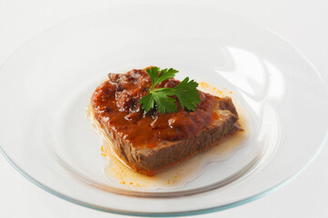 boiled beef with parsley sauce. Dietary food