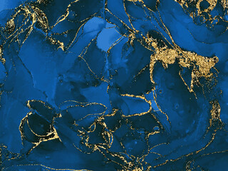 Fototapeta premium Black and blue watercolor background with gold glitter. Watercolor alcohol ink splash, liquid flow texture paint, wallpaper . Vector