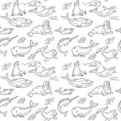Endless texture with cute funny animals living in ocean and water. Seamless pattern for kid design and coloring book.