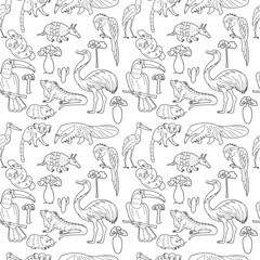 Endless texture with cute funny animals living in jungle. Seamless pattern for kid design and coloring book.