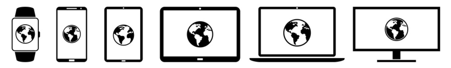 Display world, planet, earth, globe, eco, ecology, geography Icon Devices Set | Web Screen Device Online | Laptop Vector Illustration | Mobile Phone | PC Computer Smartphone Tablet Sign Isolated