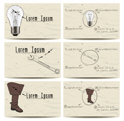 Set of vintage buisiness cards with wrench, light bulb and shoe.