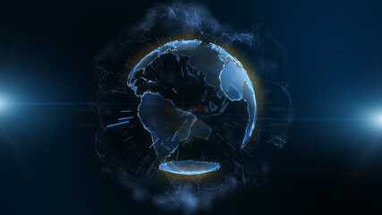 Blue earth digital technology, business and communications background. Animation of the Earth globe rotating with light bar and plexus particles. 3D rendering.