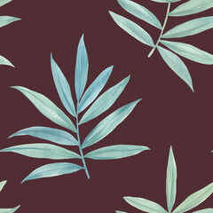 Watercolor illustration of green leaves and branches. Leaves painted with watercolors on a purple background. Botanical seamless pattern.