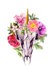 Unicorn animal skull with flowers. Watercolor illustration