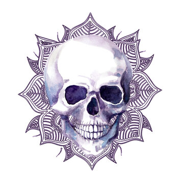 Watercolor human skull in decorative ornament - design for tattoo, floral ornamental decor