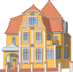 Beautiful Polish yellow brick house with a tiled roof.