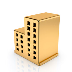 Golden Building Icon real estate symbol on a white background. 3D rendering.