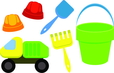 Children's bucket, shovel and rake, sand moulds isolated on a white background. A set of toys for children a sandbox and a playground, a small bucket, a spatula and molds. 
