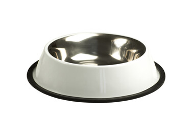 Empty white steel dog or cat food bowl isolated on white
