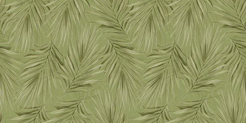 Tropical luxury seamless pattern with golden mustard palm leaves on light green background. Hand-drawn vintage illustration and texture. Good for wallpapers, wrapping paper, cloth, fabric printing - 432168685