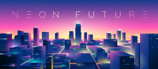 Futuristic night city. Cityscape on a colorful background with bright and glowing neon lights. Wide city front perspective view. Cyberpunk and retro wave style illustration